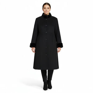 Vintage Albert Nipon Black Wool Long Coat Size 8 Faux Fur Trim